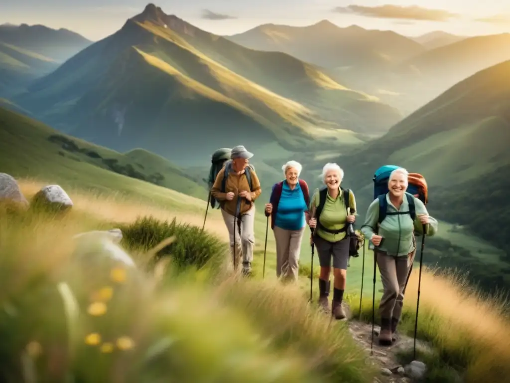 Excursionistas seniors disfrutando de un paisaje panorámico impresionante Senderismo seguro para adultos mayores en un paisaje montañoso con vistas panorámicas y naturaleza exuberante
