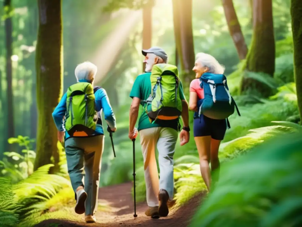 Excursión ecológica de seniors en bosque verde Excursión ecológica para seniors en bosque exuberante