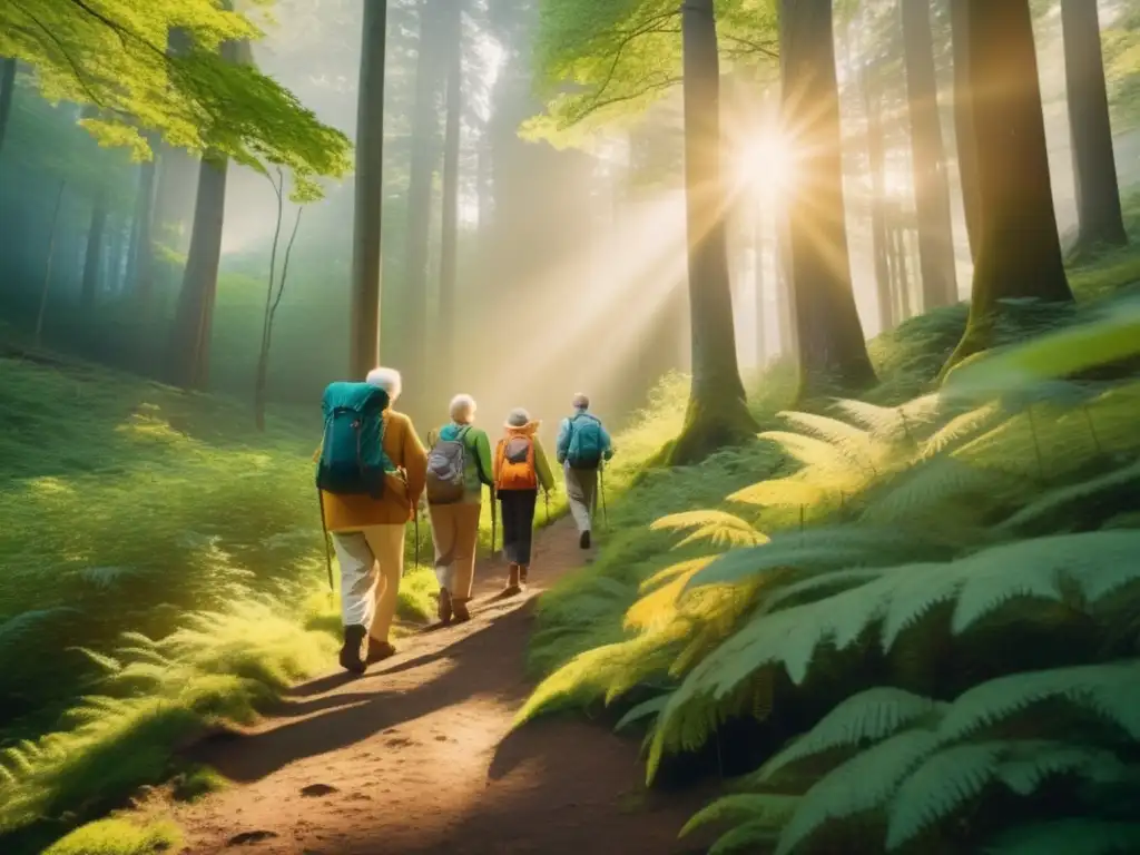 Un grupo de personas mayores disfrutando de un paseo en un hermoso bosque, promoviendo el ecoturismo para un envejecimiento saludable