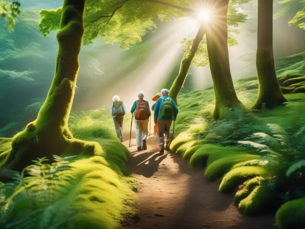 Grupo de ancianos en sendero forestal: Viajes sostenibles tercera edad