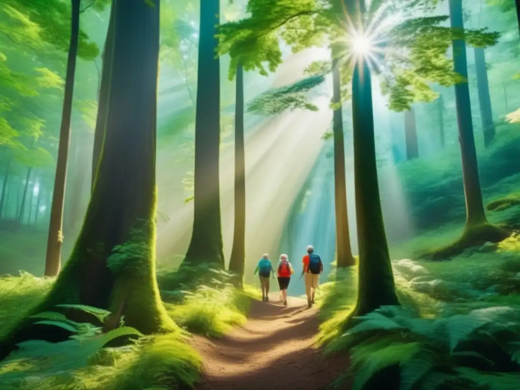 Excursión relajante por el bosque verde Grupo de mayores disfrutando de un apacible paseo por un bosque verde exuberante - Viajes de naturaleza para mayores atractivos