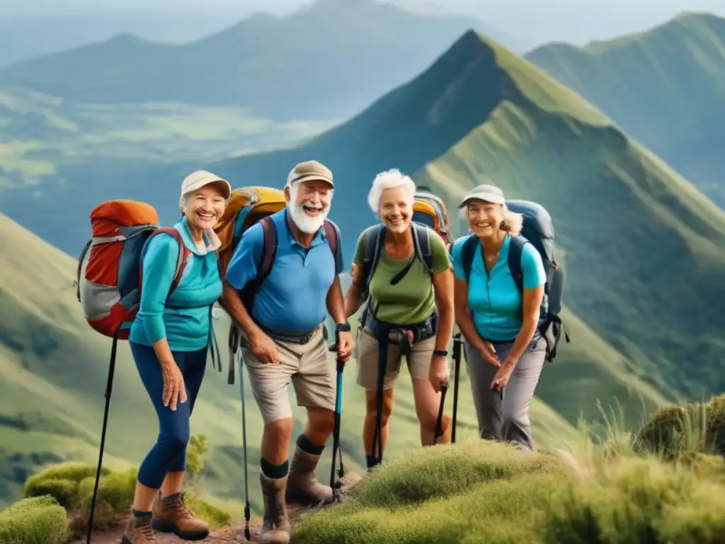 Grupo de hikers senior en montaña Senderismo seguro para adultos mayores en una montaña pintoresca rodeada de naturaleza y cielo azul claro