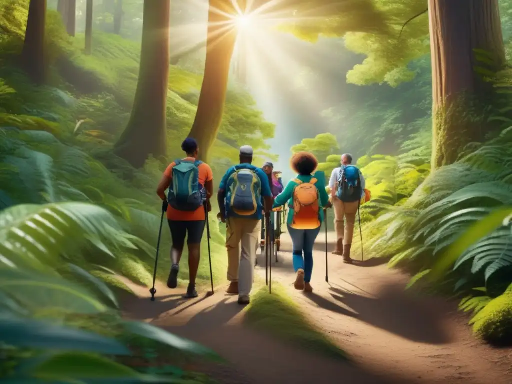 Senderismo inclusivo en bosque colorido Senderismo inclusivo para adultos con movilidad reducida