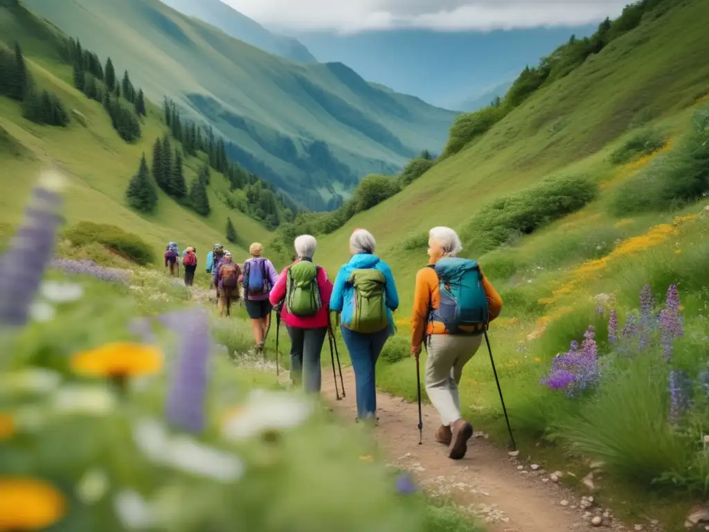 Grupo de viajeros mayores disfrutando de la naturaleza Beneficios ecoturismo para viajeros mayores hiking en paisaje montañoso
