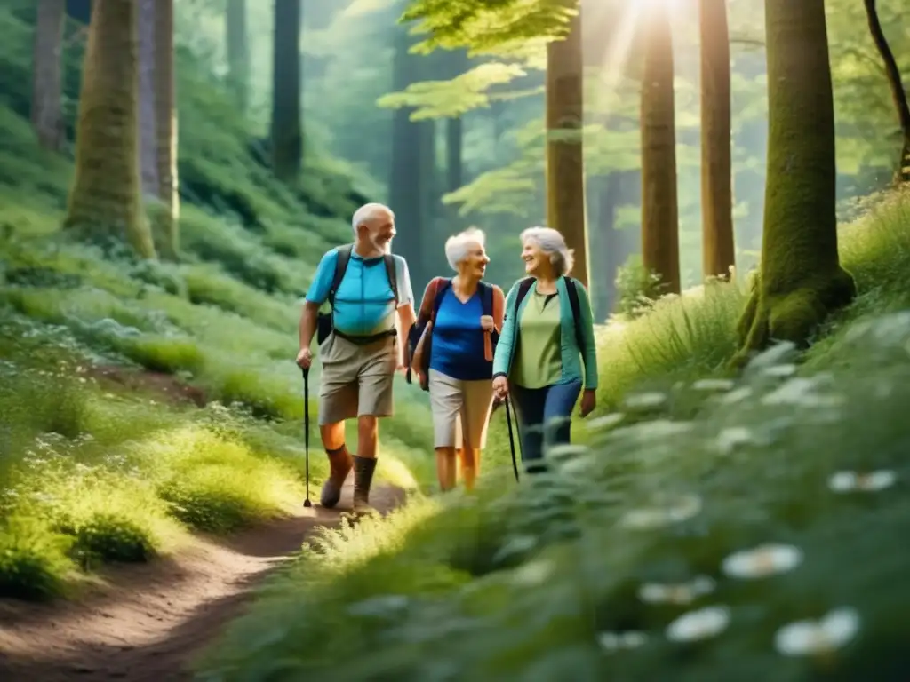 Grupo de adultos mayores sonrientes en una ruta de montaña verde Senderismo seguro para adultos mayores en montaña con paisaje espectacular