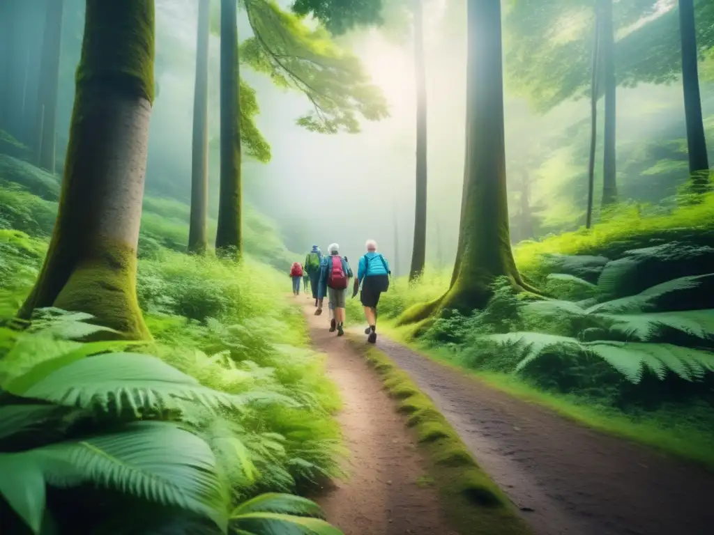 Senderismo seguro para adultos mayores Senderismo seguro para adultos mayores en un hermoso sendero rodeado de vegetación exuberante y árboles altos