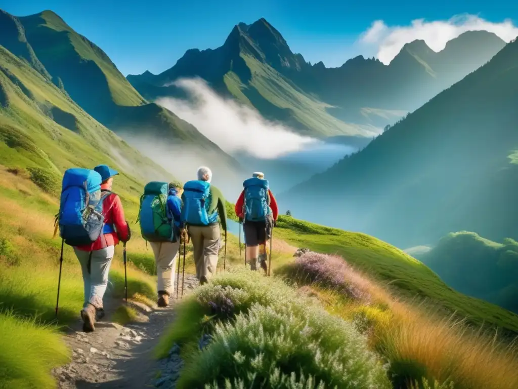 Hikers seniors disfrutan de la naturaleza Senderismo seguro para adultos mayores en impresionante paisaje de montañas verdes y cielo azul