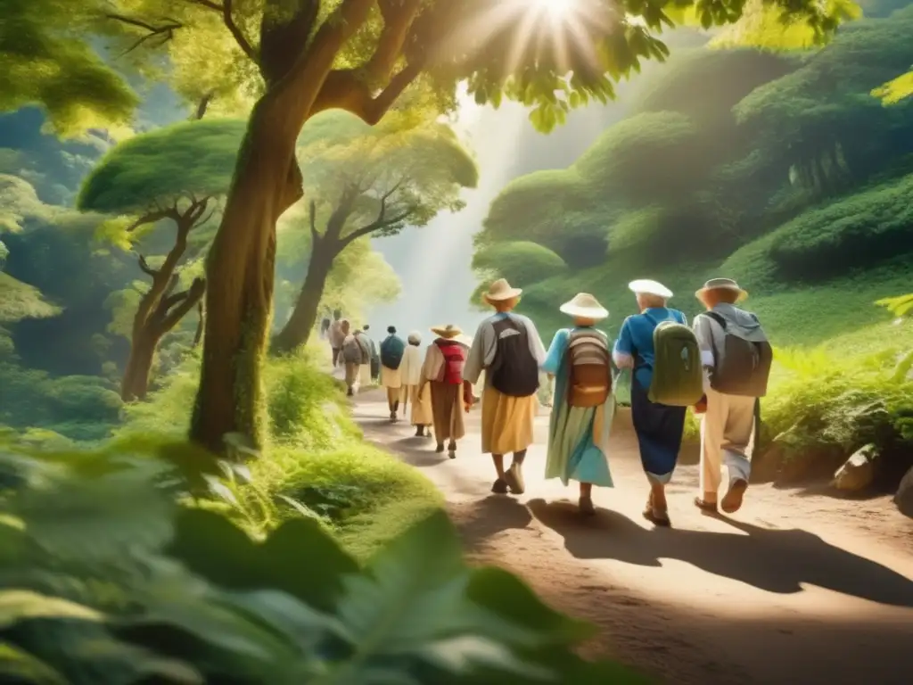 Peregrinación segura y hermosa para adultos mayores Consejos para peregrinación segura para seniors: grupo de seniors en un hermoso sendero rodeado de naturaleza