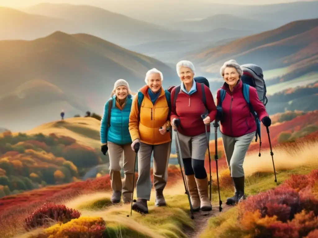 Hikers felices en cumbre montañosa Senderismo seguro para adultos mayores en la montaña