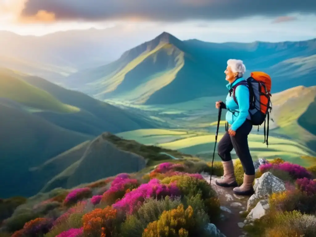 Senderismo senior en paisaje impresionante Hiker senior en montaña, paisaje impresionante
