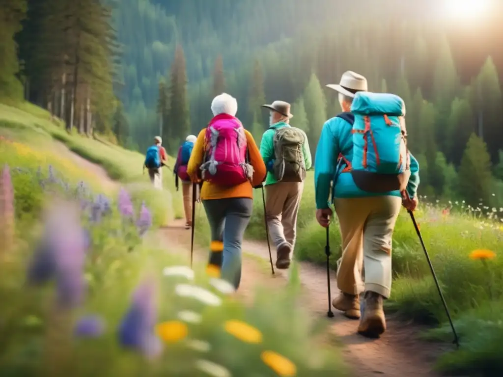 Senderismo sereno y vibrante de adultos mayores Rutas sagradas para seniors en un sendero sereno rodeado de naturaleza vibrante, montañas majestuosas, y una luz cálida