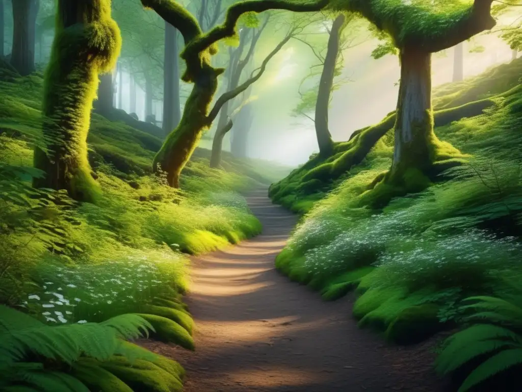 Sendero sereno en bosque verde Senderos forestales exuberantes, flora vibrante y tranquilidad: Beneficios del ecoturismo para mayores