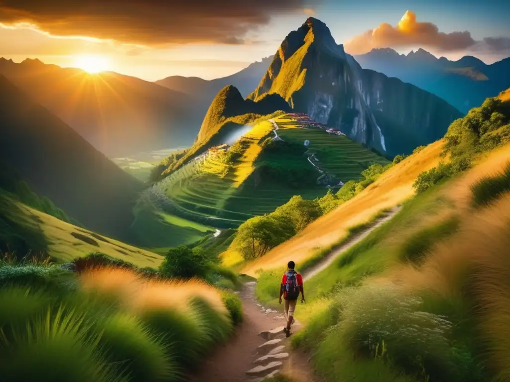 Paisaje montañoso con camino y viajero Paisaje montañoso con actitud positiva: Mejorar experiencias de viaje con actitud positiva