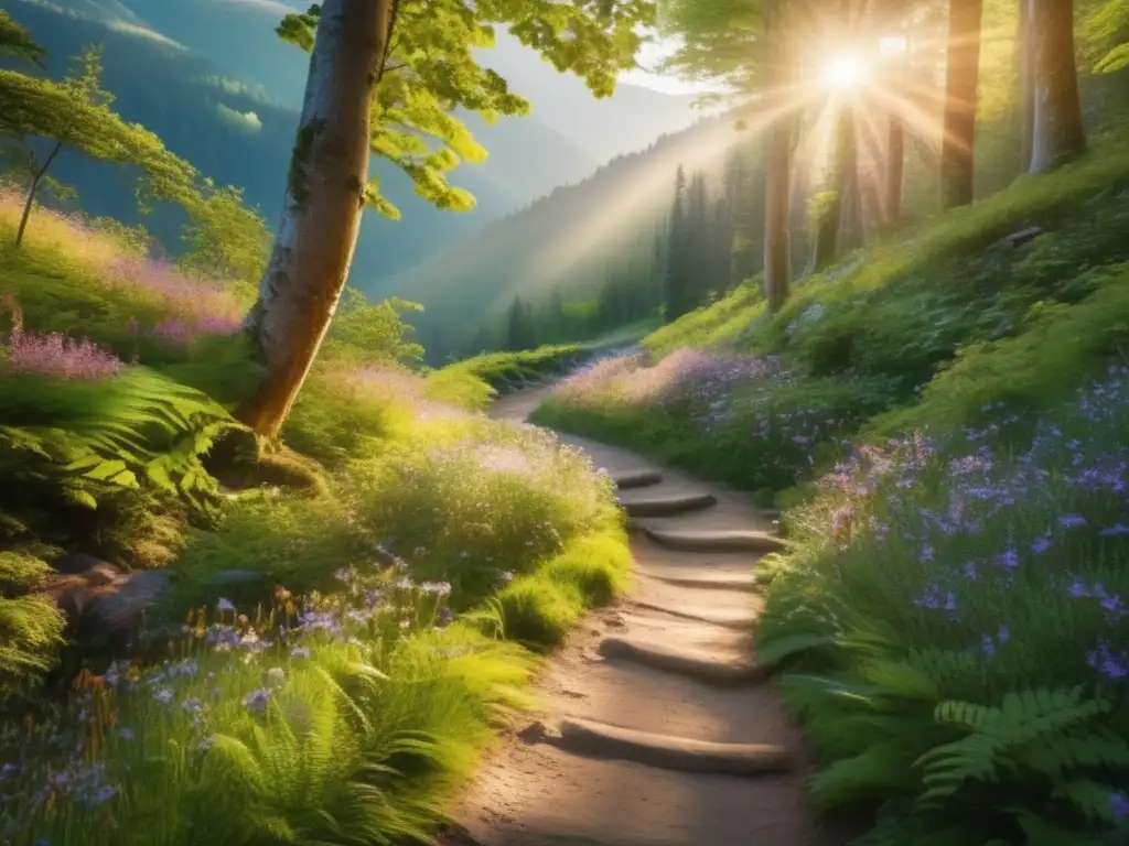 Paisaje montañoso sereno con sendero y flores Rutas sagradas para seniors en un bosque tranquilo y mágico, rodeado de árboles verdes y flores coloridas