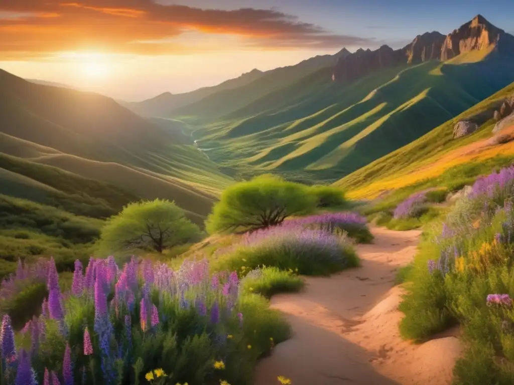 Paisaje montañoso con sendero y viajeros mayores Rutas sagradas para viajeros senior: paisaje sereno y pintoresco con montañas al atardecer, sendero marcado, flores silvestres y viajeros felices