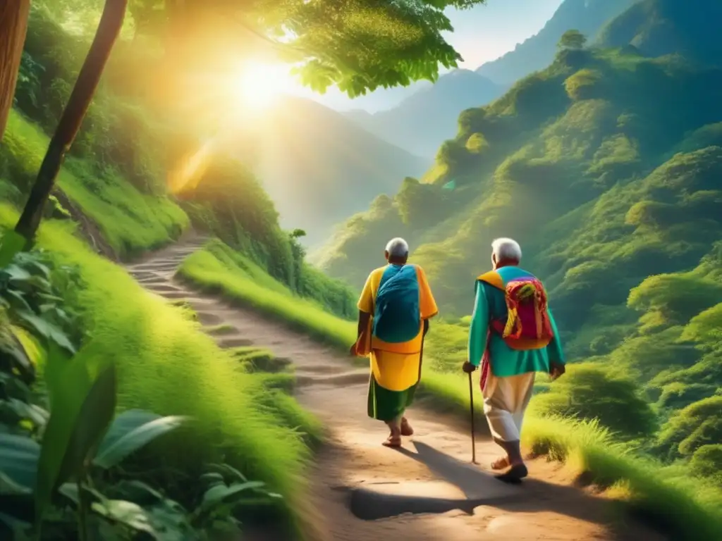 Camino sagrado para seniors en la naturaleza Rutas sagradas para viajeros seniors, montañas verdes, sol, caminata alegre, paisajes impresionantes, cascadas majestuosas