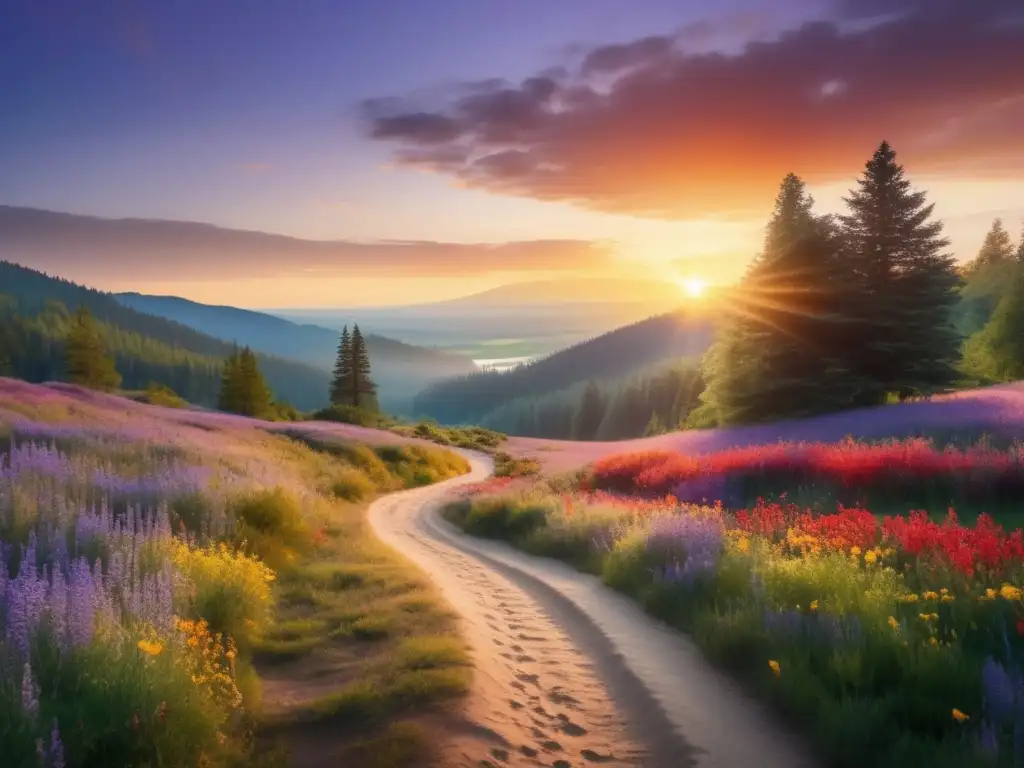 Paisaje natural al amanecer con montañas y río Paisaje natural sereno al amanecer con sendero rodeado de flores silvestres en tonos rojos, amarillos y morados