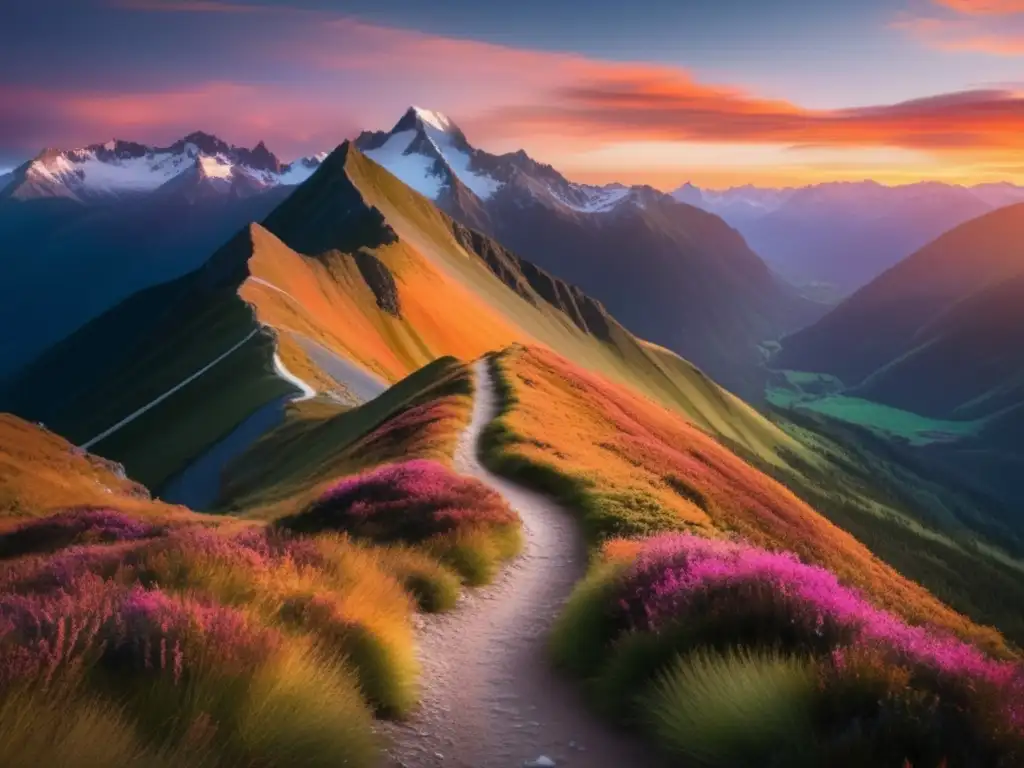Majestuoso paisaje montañoso con sendero hacia la cima Paisaje montañoso con sendero hacia la cumbre