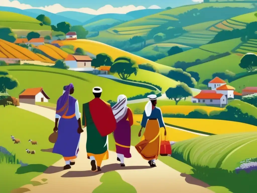 Caminando hacia la conexión cultural Rutas de herencia personalizadas: grupo diverso caminando por el campo, conectando con sus raíces