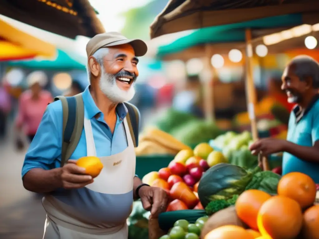 Senior aventurero en mercado local vibrante Viajero senior en mercado local vibrante con alimentos saludables y aventura