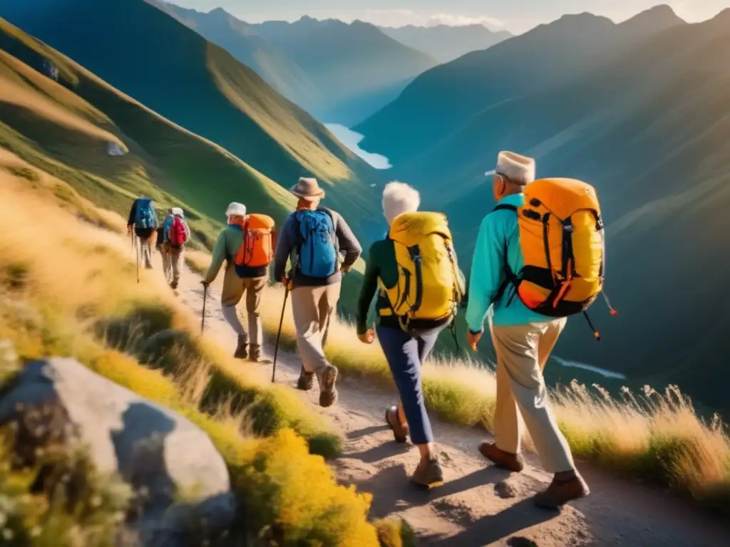 Viajes aventura adultos mayores en majestuosa montaña con sonrientes y vibrantes viajeros senior disfrutando un emocionante trekking