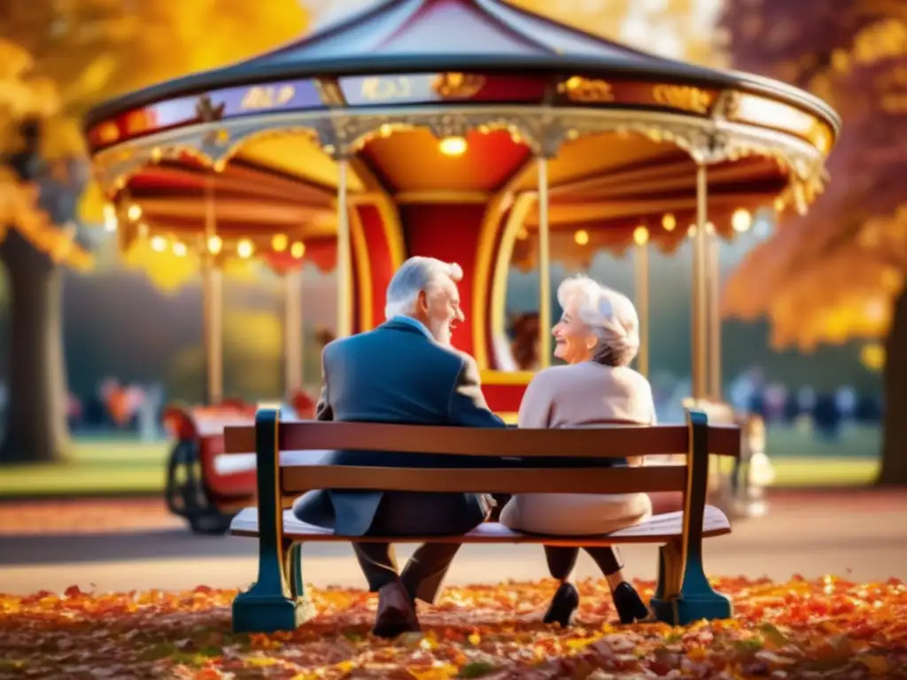 Pareja de ancianos disfrutando del otoño en el parque Pareja mayor disfrutando de la naturaleza en un parque otoñal rodeado de hojas coloridas