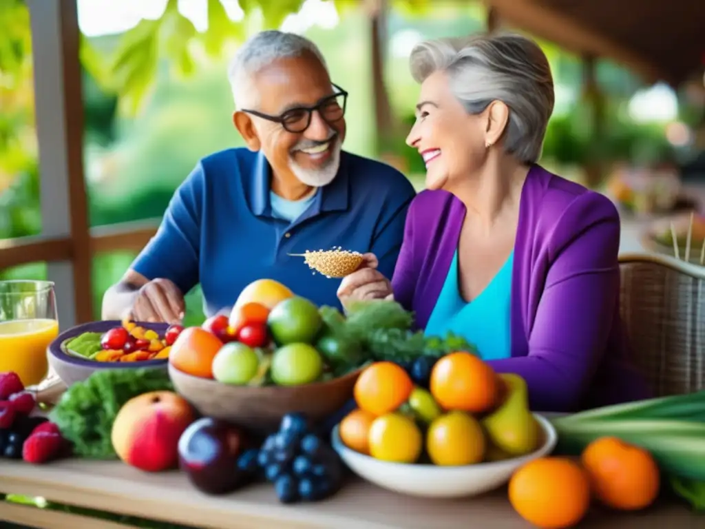 Pareja mayor disfrutando de comida saludable Dieta fibrosa para viajeros senior: pareja mayor disfrutando una comida saludable y colorida en una mesa