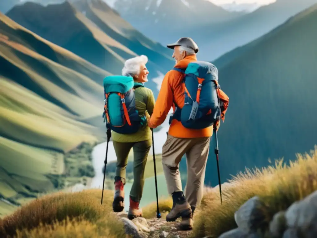 Pareja mayor lista para la aventura Pareja senior lista para su aventura con equipaje y paisaje impresionante-