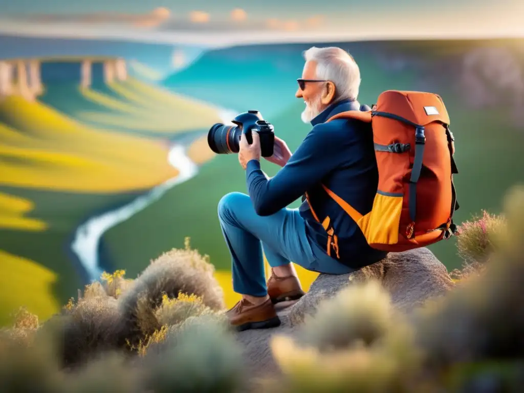 Fotógrafo senior capturando paisaje con accesorios avanzados Accesorios fotográficos para viajeros seniors capturando paisajes con detalle y colores vibrantes