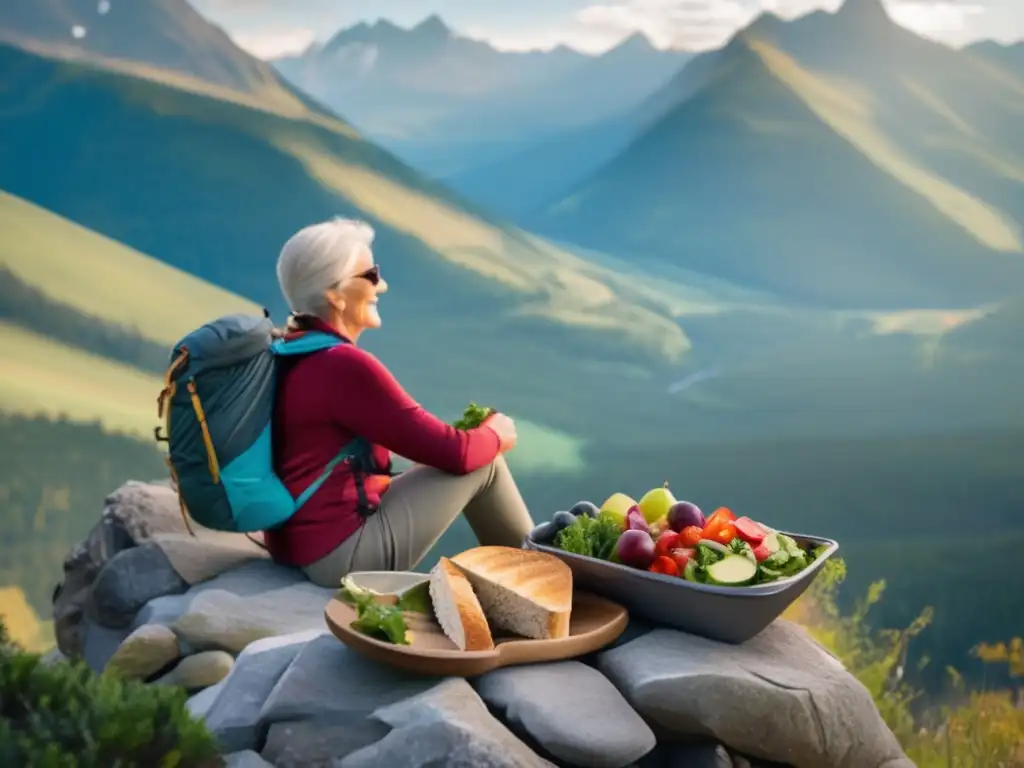 Hiker disfrutando comida saludable Hiker senior disfruta comida saludable en majestuosa montaña