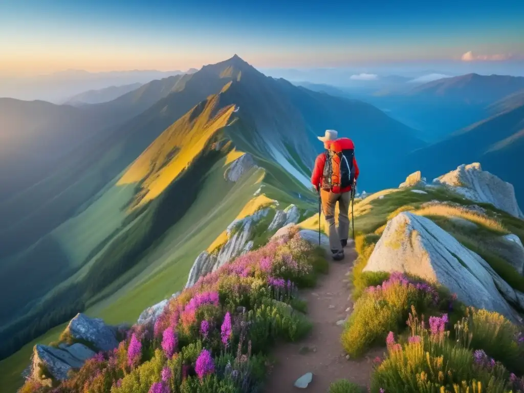 Senior hiker en la cima de una montaña majestuosa Consejos nutricionales para senderismo senior en la cima de la montaña con paisaje impresionante