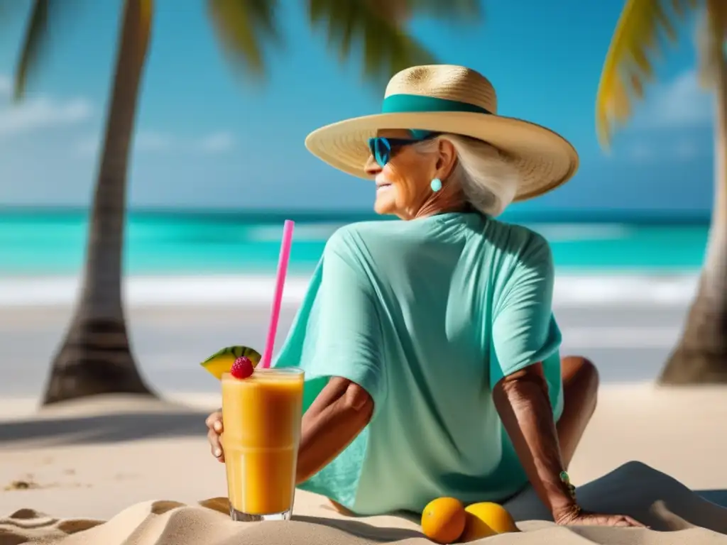 Senior viajero disfrutando playa paradisíaca Consejos saludables para viajeros seniors en una playa paradisíaca