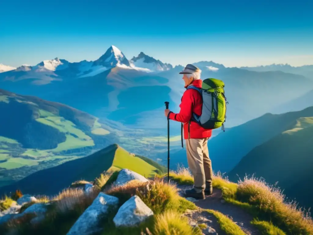 Viajero senior en montaña con paisaje impresionante Un senior viajero disfruta de la naturaleza y la aventura en solitario en una montaña impresionante
