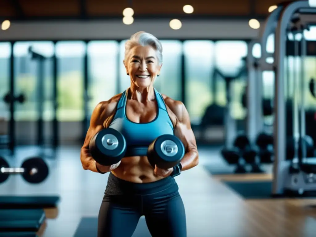 Senior viajero ejercitándose con pesas Ejercicios fortalecimiento viajeros senior en gimnasio moderno