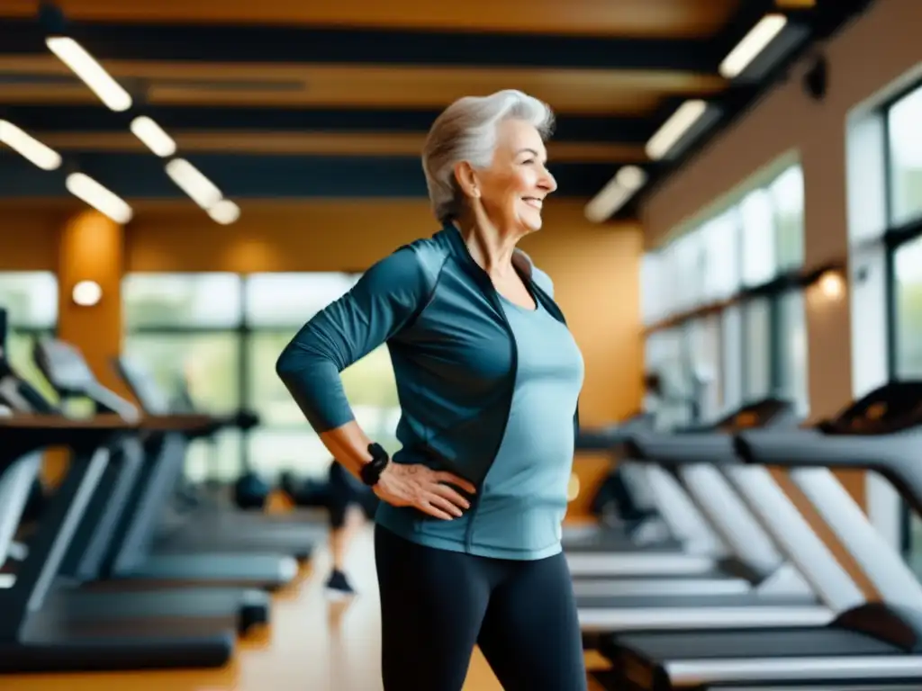 Senior viajero activo haciendo calentamiento en gimnasio moderno Senior traveler en gimnasio con ejercicios saludables para viajeros senior