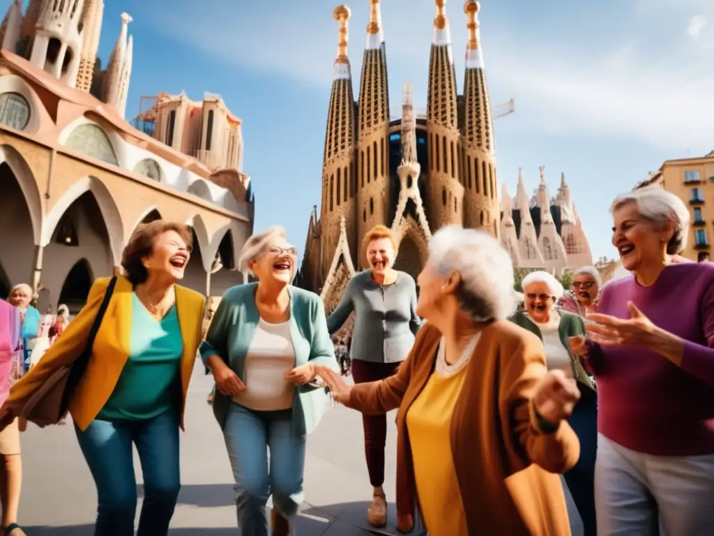 Beneficios talleres teatro viajeros senior: grupo entusiasta participando en Barcelona, Sagrada Familia al fondo