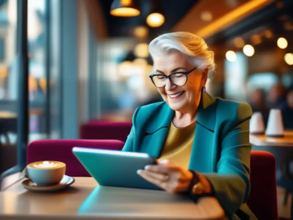 Adulto mayor disfrutando con su tablet en un café vibrante Consejos de viaje para seniors con tablet en café vibrante y ciudad bulliciosa