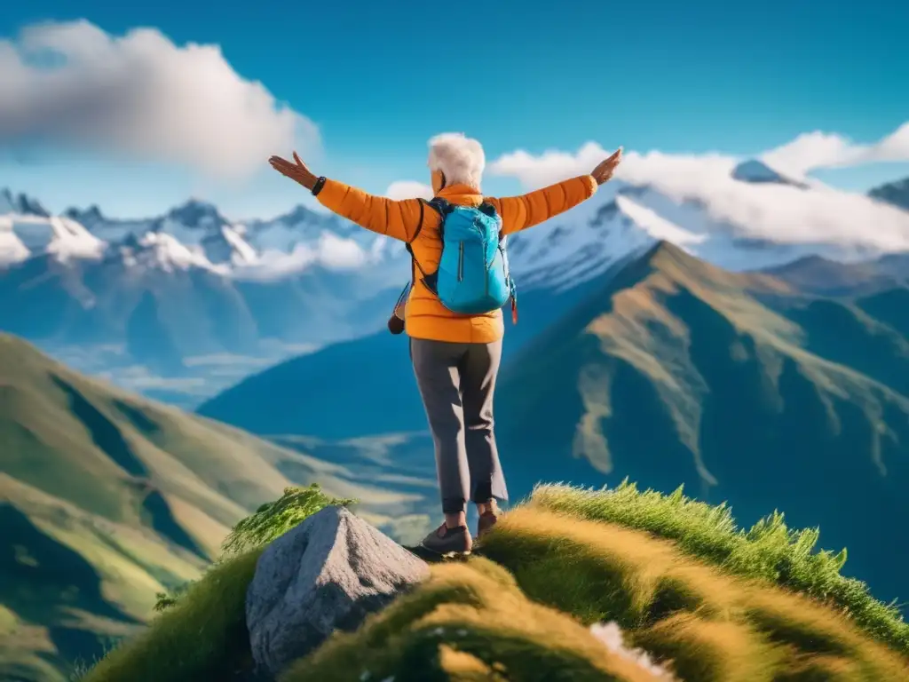 Sereno viajero senior realizando estiramientos Viajero senior en montaña haciendo ejercicios de estiramiento