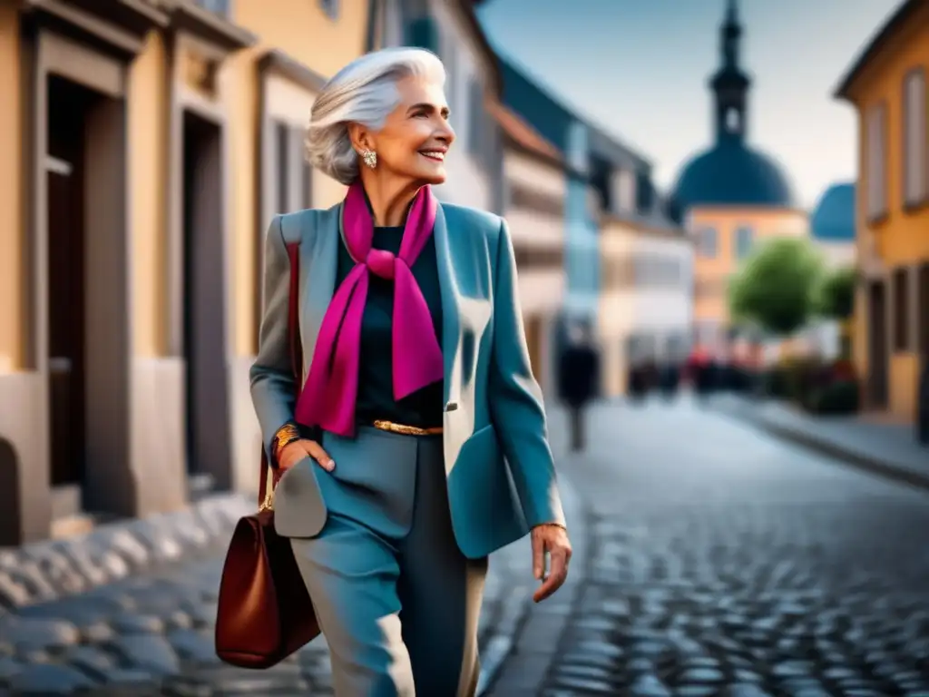 Elegante mujer mayor caminando por calle europea Mujer senior elegante caminando por una calle europea, moda viaje senior chic