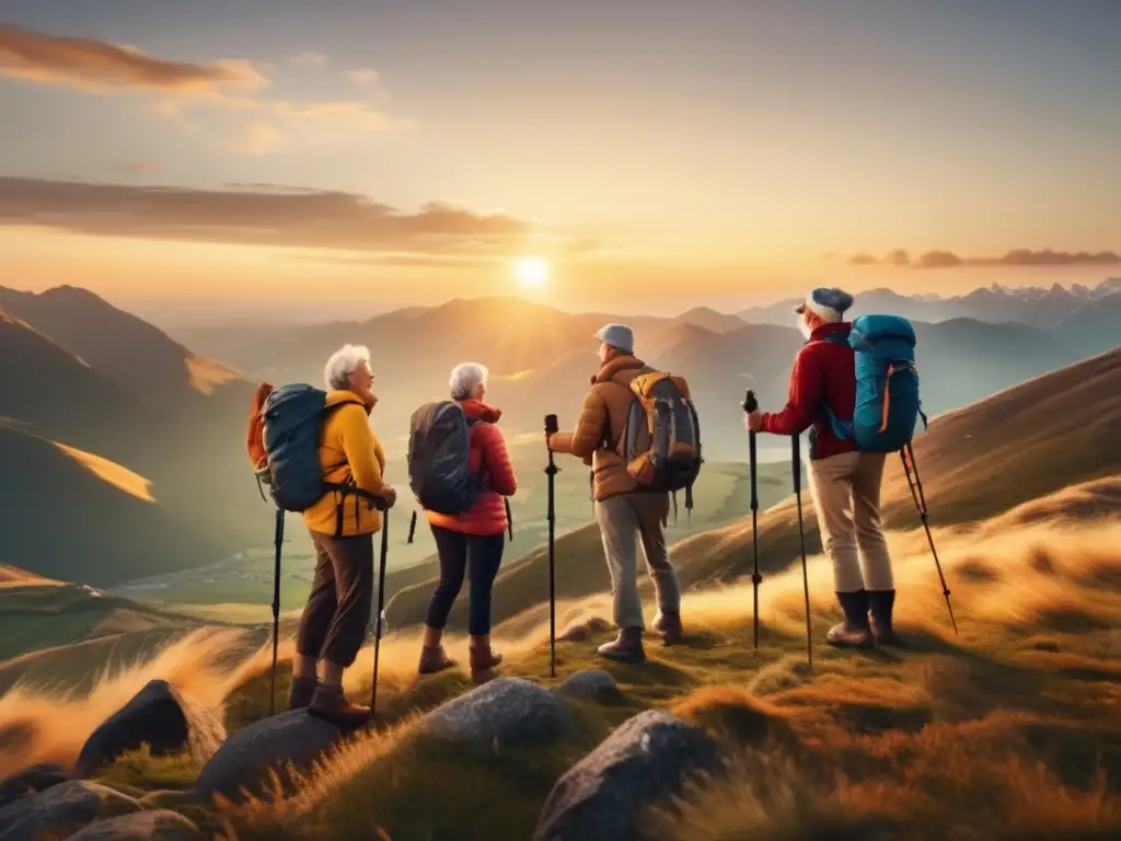 Aventureros senior en montañas Aventuras senior precios asequibles: Grupo de aventureros mayores en una montaña, disfrutando un paisaje vibrante al atardecer