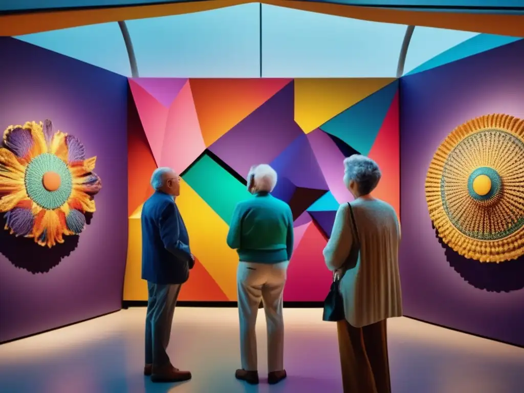 Senior travelers enchanted by vibrant art Grupo de viajeros seniors admirando una instalación de arte contemporáneo en un museo - Museos para viajeros seniors: guía cultural