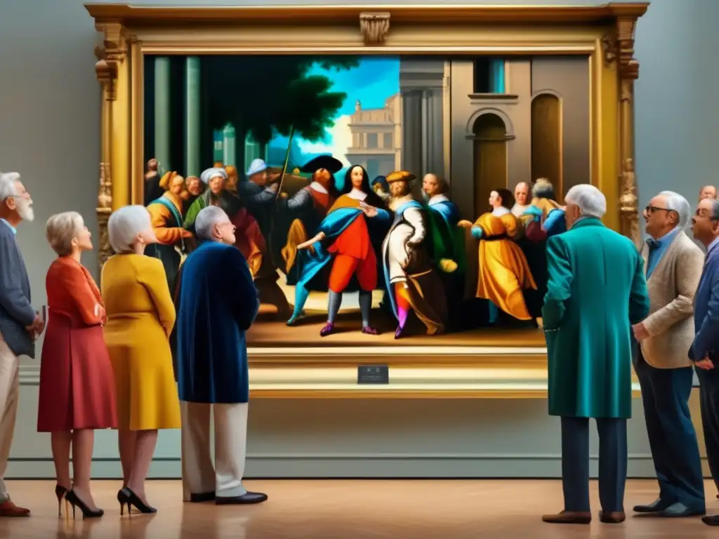 Ancianos admirando pintura renacentista Adultos mayores disfrutan de un viaje cultural, admirando una pintura renacentista y compartiendo experiencias significativas