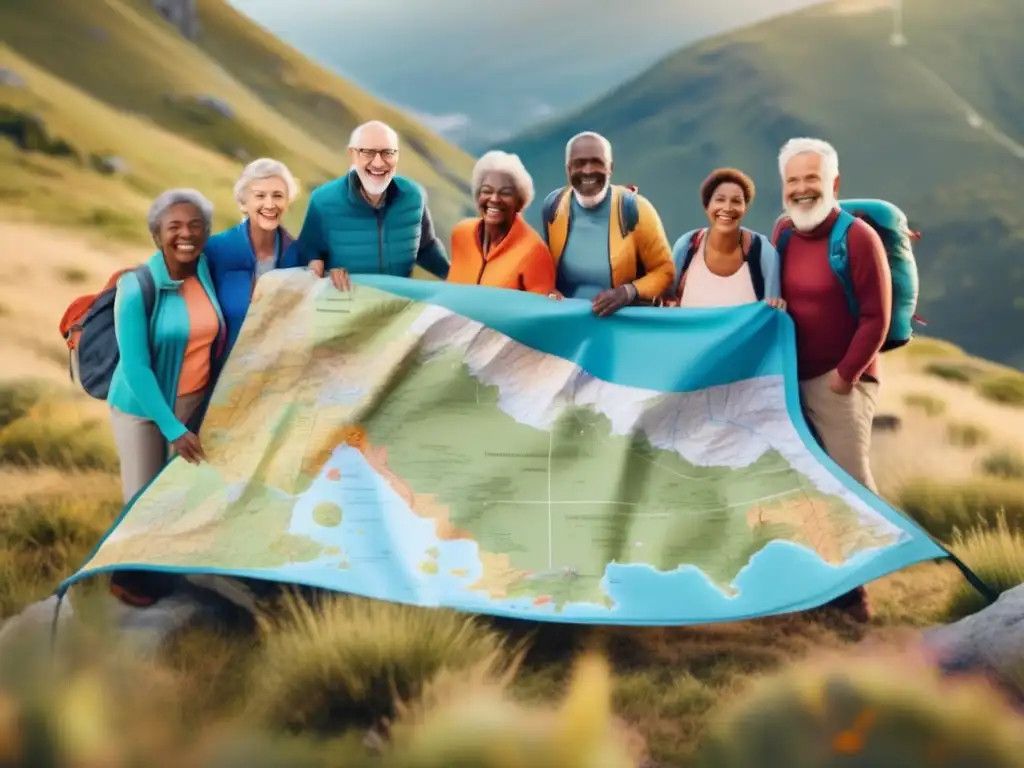 Grupo diverso de mayores disfrutando de aventuras en la montaña Seniors aventuras con precios asequibles en montaña