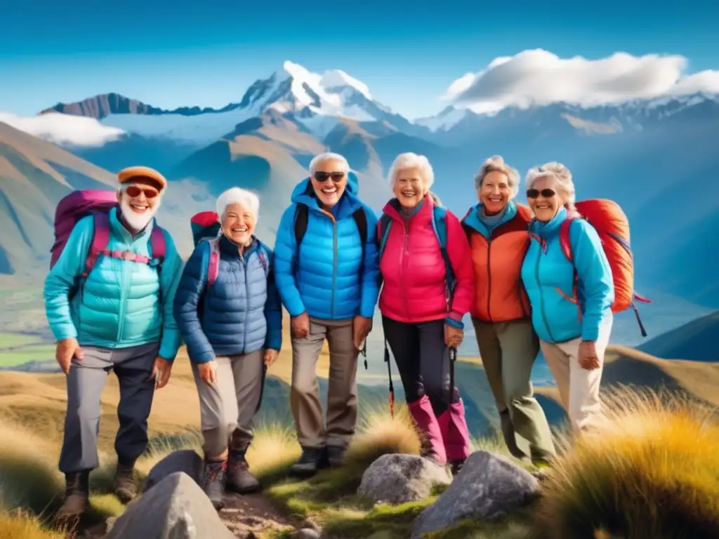Seniors felices en montañas andinas Recomendaciones seguras para viajeros seniors en América del Sur
