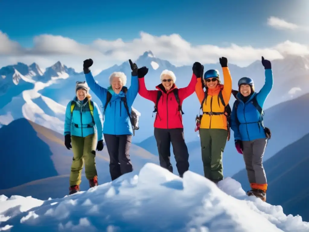 Seniors triumphantly conquer rugged mountain peak Experiencias de viajes senior inolvidables en la cima de la montaña