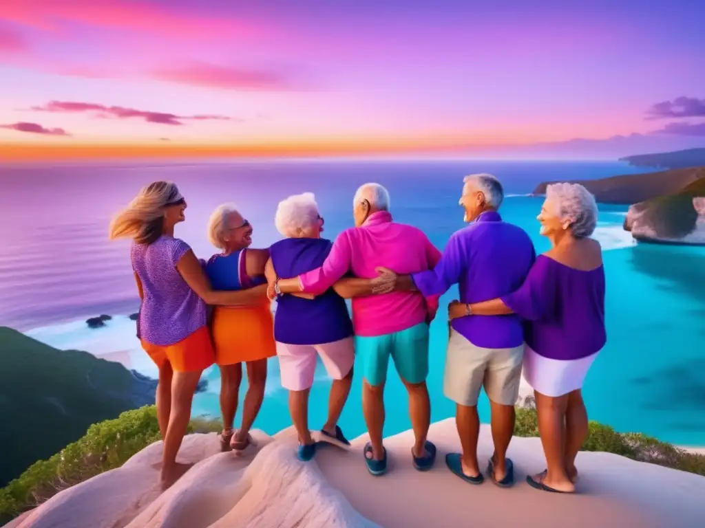 Seniors felices en destino paradisíaco Seniors felices disfrutando de un destino turístico seguro y hermoso - Riesgos de viaje para seniors