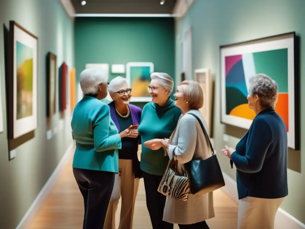 Seniors disfrutando de una galería de arte vibrante Consejos culturales para viajeros seniors explorando una galería de arte vibrante