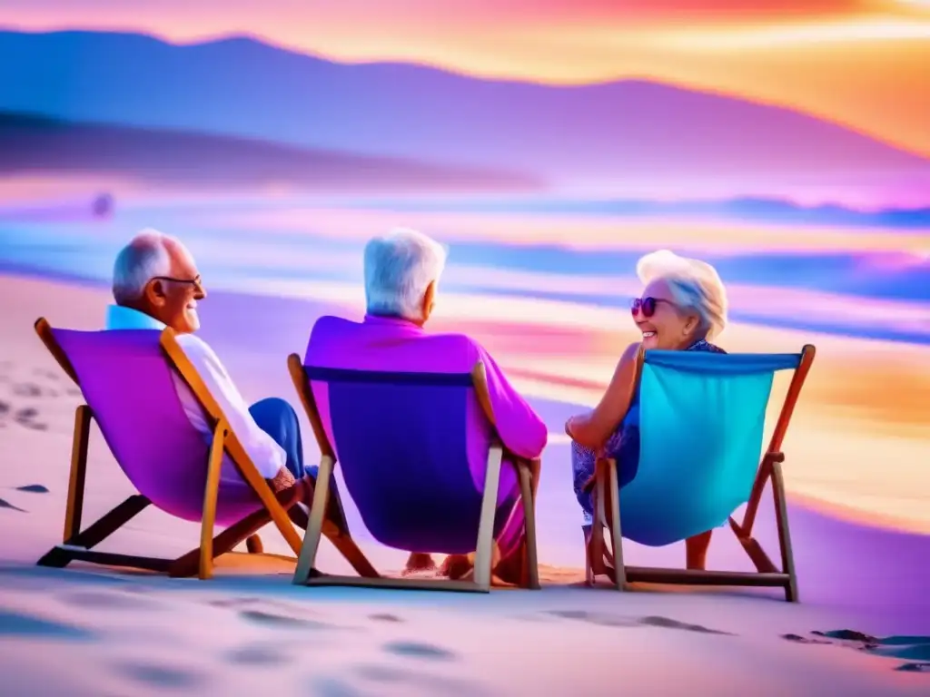Seniors disfrutando la playa al atardecer Viajes personalizados para adultos mayores en una hermosa playa al atardecer