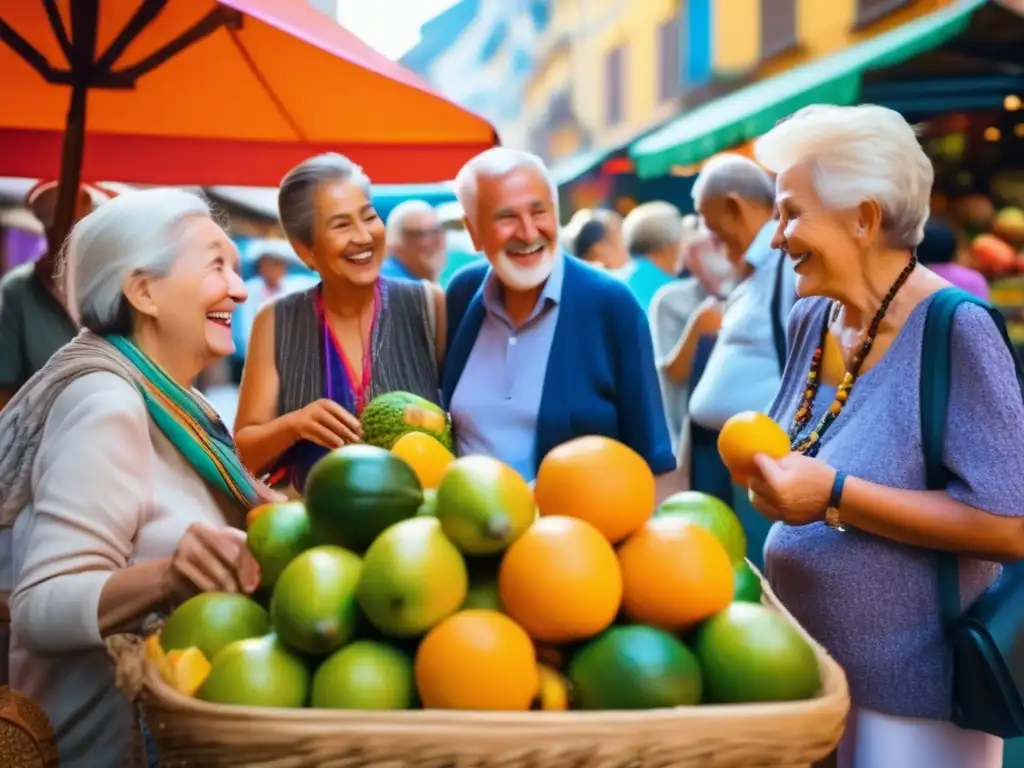 Grupo de mayores explorando mercado animado en ciudad extranjera Experiencias de viajes enriquecedoras para seniors explorando un mercado bullicioso en ciudad extranjera