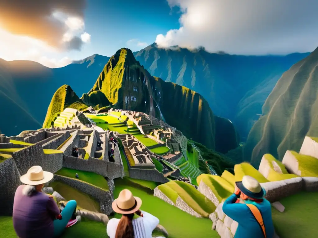 Viajeros senior explorando ruinas de Machu Picchu